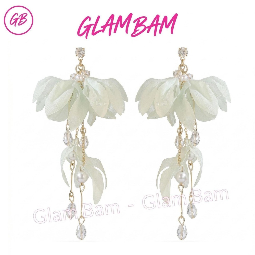 Light Green Fabric Flower Tassel Drop Earrings Faux Pearl Gold Tone Long